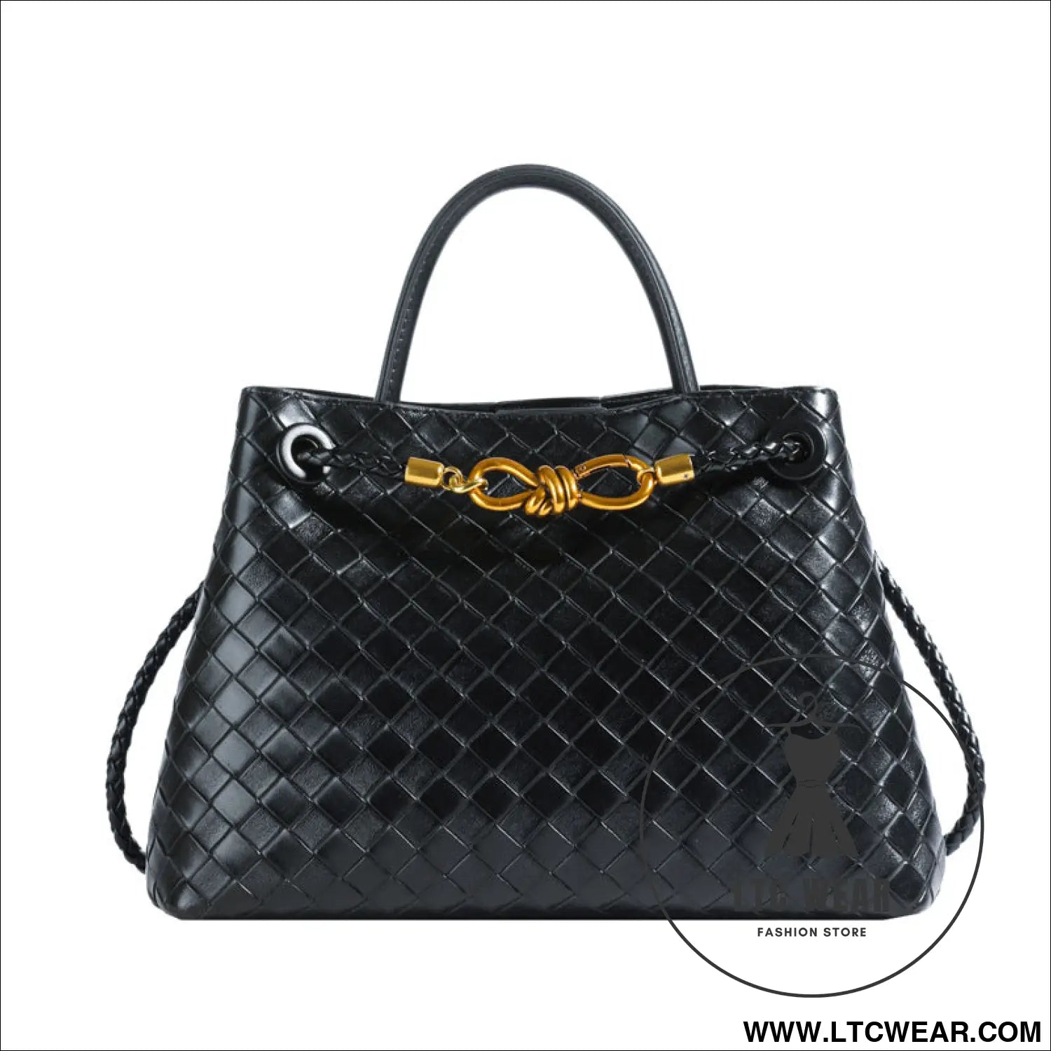 Metal rope buckle woven shoulder bag fashionable versatile retro commuter bag for women. - black