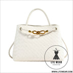 Metal rope buckle woven shoulder bag fashionable versatile retro commuter bag for women. - white