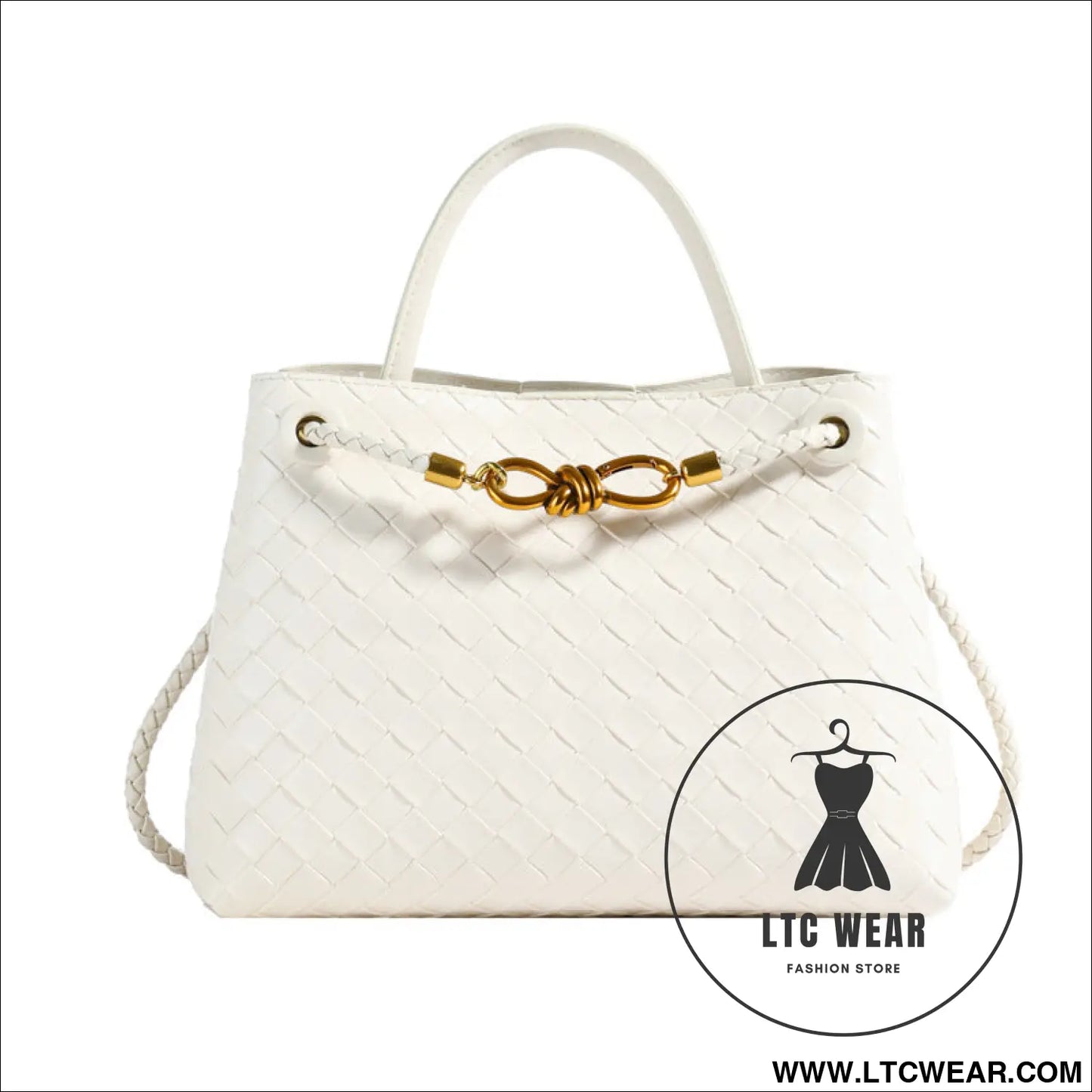 Metal rope buckle woven shoulder bag fashionable versatile retro commuter bag for women. - white