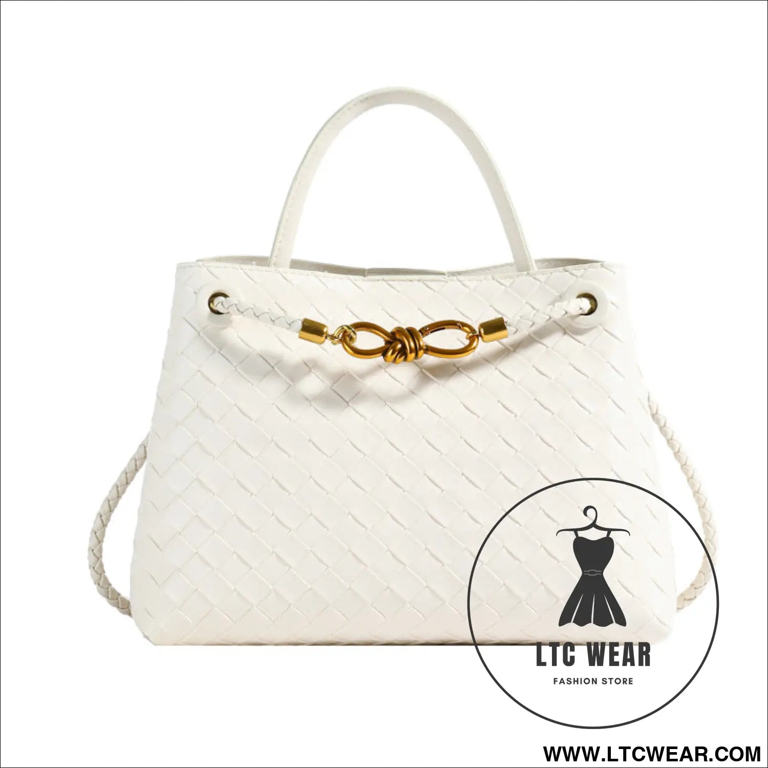 Metal rope buckle woven shoulder bag fashionable versatile retro commuter bag for women. - white