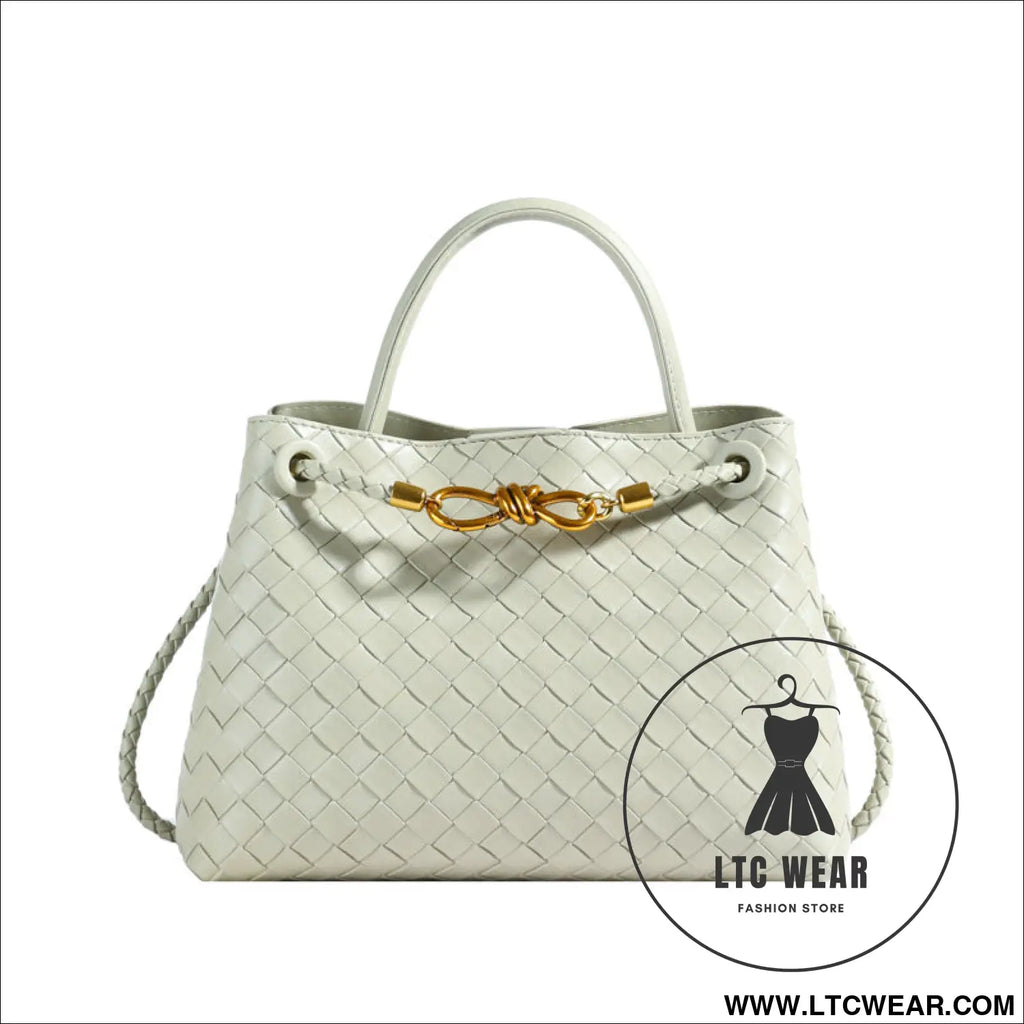 Metal rope buckle woven shoulder bag fashionable versatile retro commuter bag for women. - green