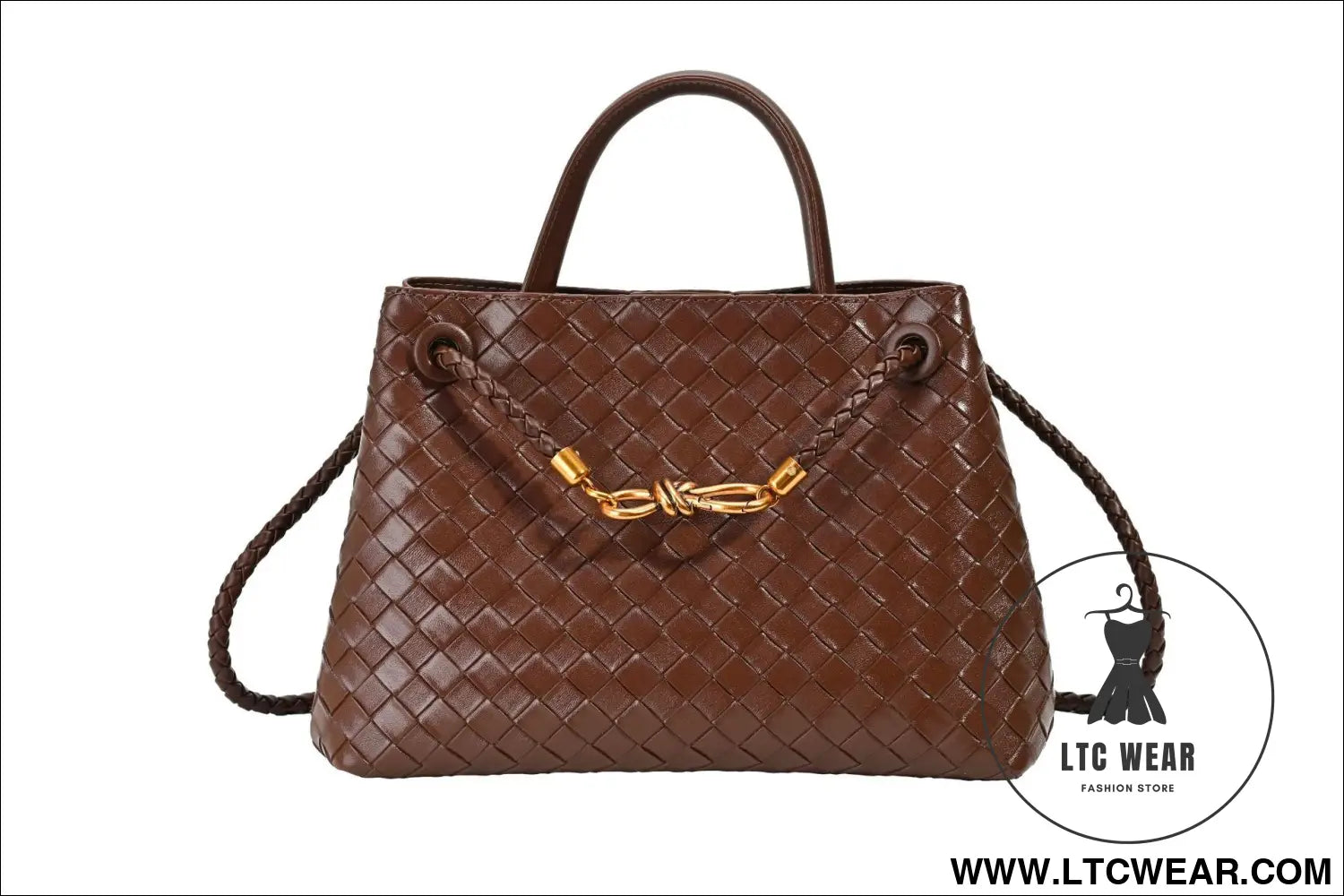 Metal rope buckle woven shoulder bag fashionable versatile retro commuter bag for women. - coffee