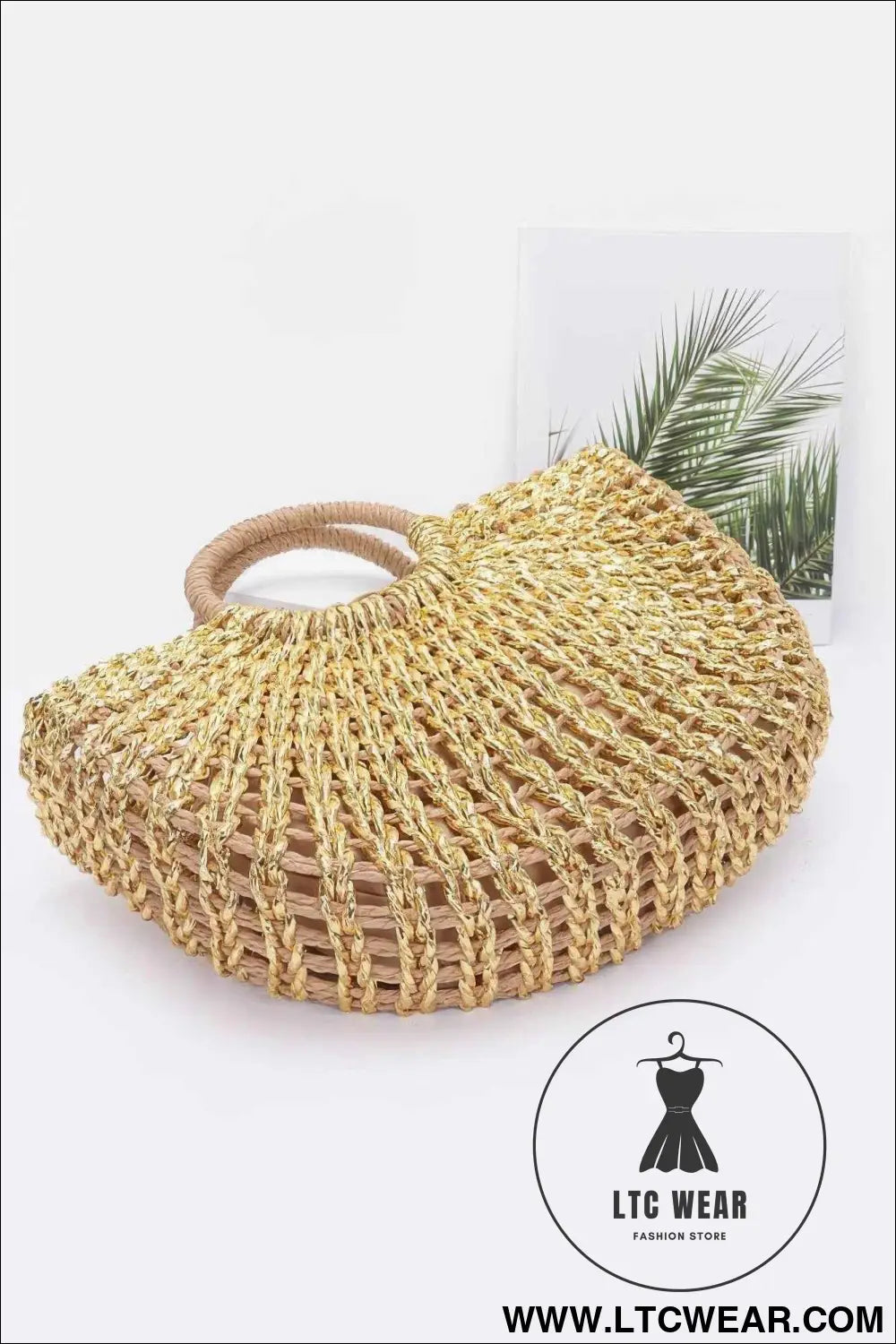 Metallic Faux Straw Tote Bag W Pouch