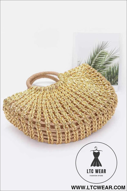 Metallic Faux Straw Tote Bag W Pouch
