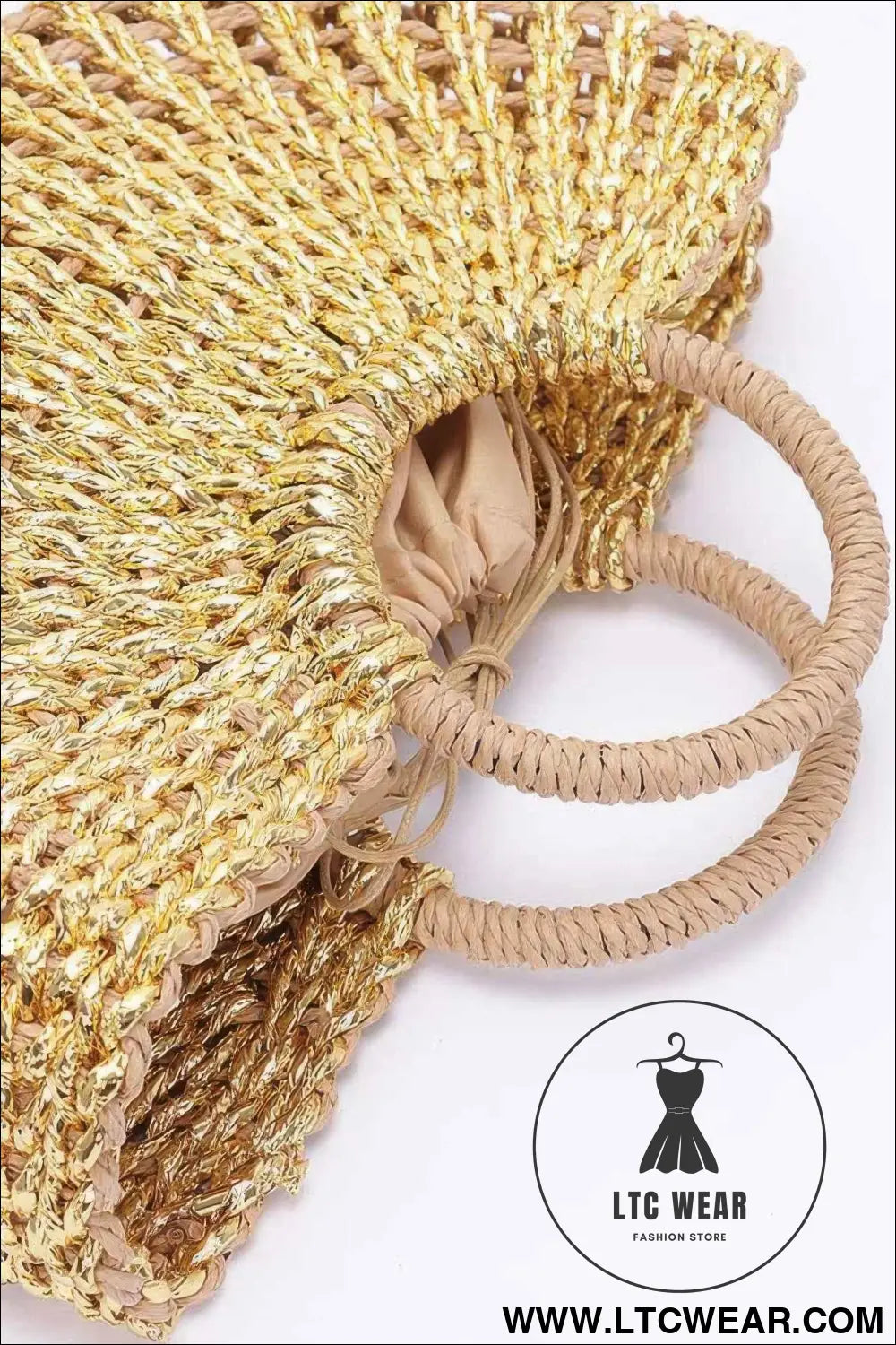 Metallic Faux Straw Tote Bag W Pouch