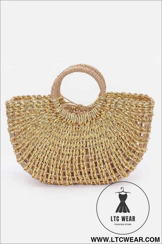 Metallic Faux Straw Tote Bag W Pouch