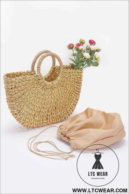 Metallic Faux Straw Tote Bag W Pouch