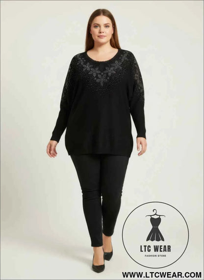 Midnight Sparkle Tunic Top - Embellished Knit for Effortless Style