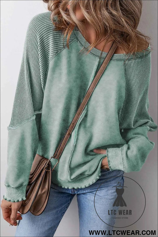 Mineral Blue Waffle Patchwork Raglan Sleeve Exposed Seam Sweatshirt