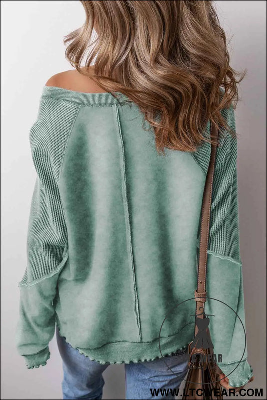 Mineral Blue Waffle Patchwork Raglan Sleeve Exposed Seam Sweatshirt
