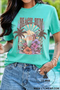 Mint green beach bum slogan round neck summer vacation tee - mint green / 2xl / 62% polyester + 32% cotton + 6%
