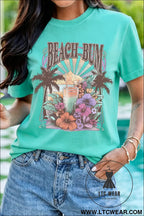 Mint green beach bum slogan round neck summer vacation tee - mint green / 2xl / 62% polyester + 32% cotton + 6%