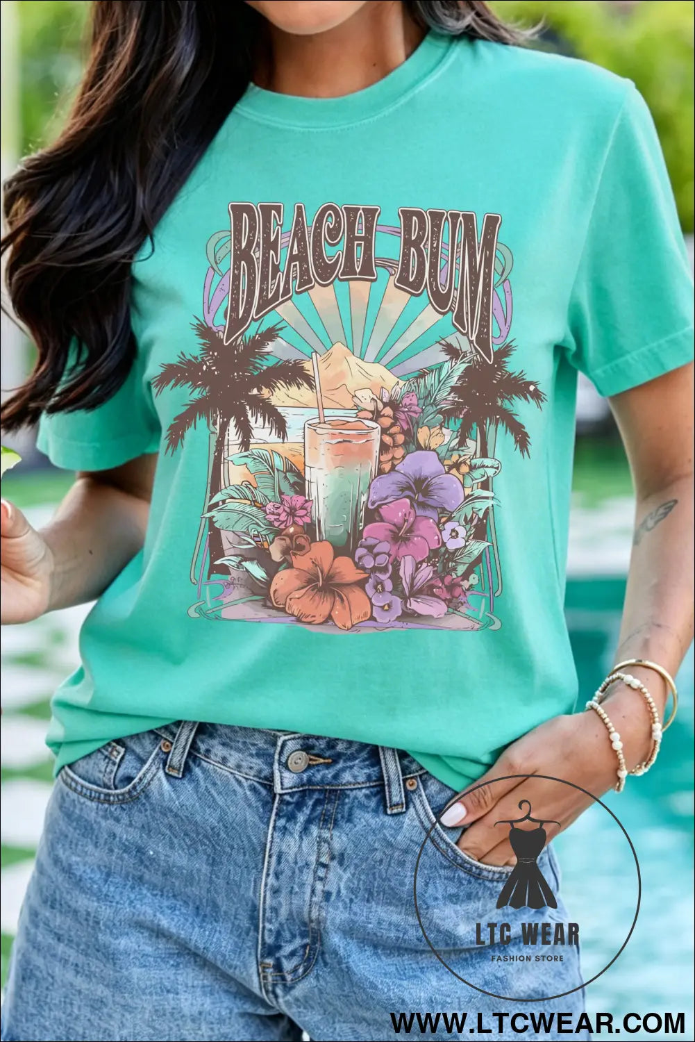 Mint green beach bum slogan round neck summer vacation tee - mint green / 2xl / 62% polyester + 32% cotton + 6%