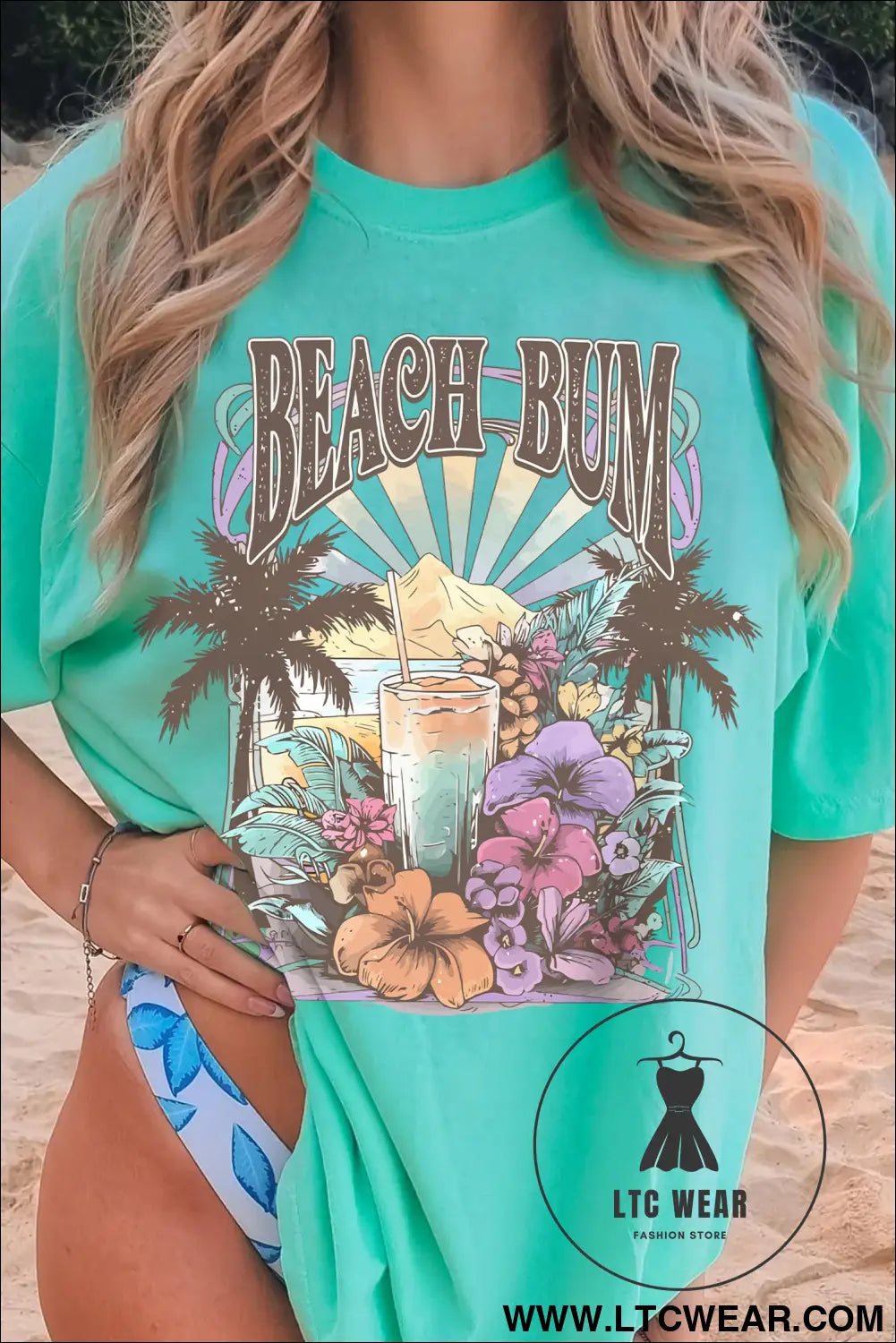 Mint green beach bum slogan round neck summer vacation tee - graphic tees