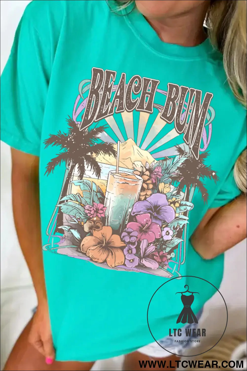 Mint green beach bum slogan round neck summer vacation tee - graphic tees