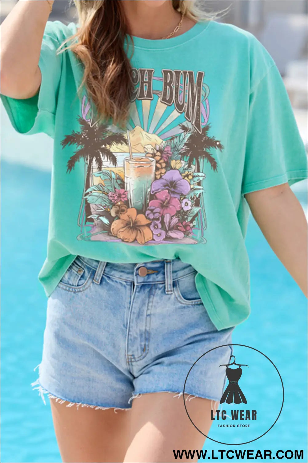 Mint green beach bum slogan round neck summer vacation tee - graphic tees