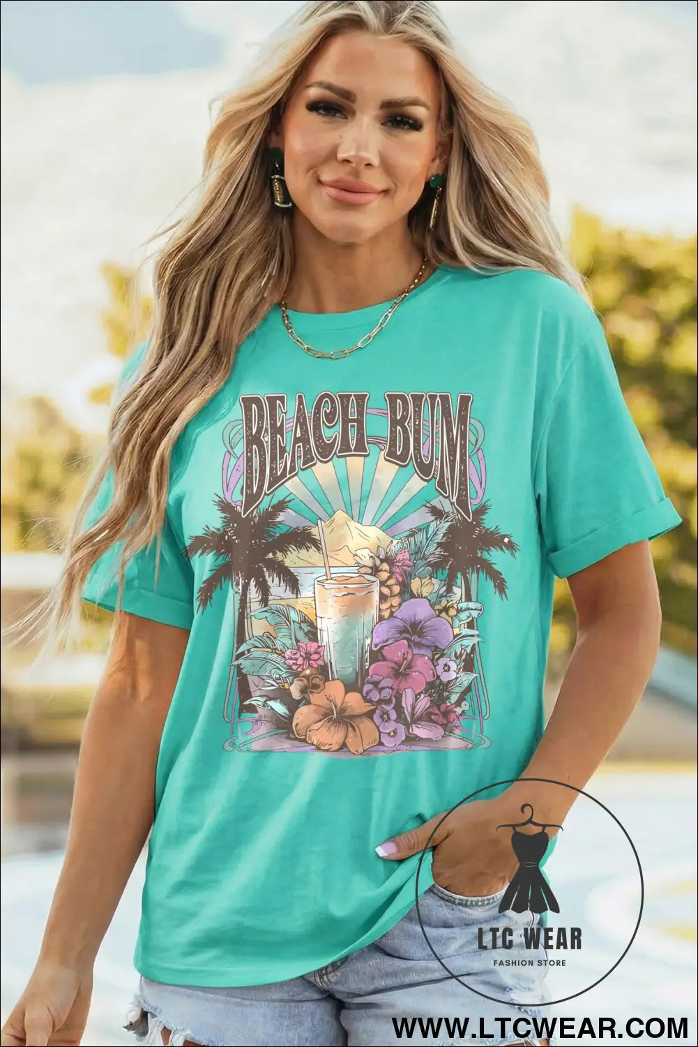 Mint green beach bum slogan round neck summer vacation tee - graphic tees