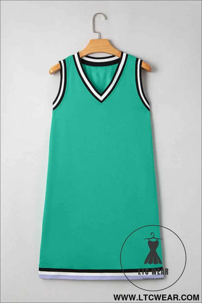 Mint Green Color Contrast Trim V Neck Shift Sleeveless Mini Dress