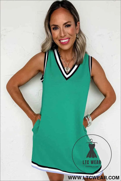 Mint Green Color Contrast Trim V Neck Shift Sleeveless Mini Dress