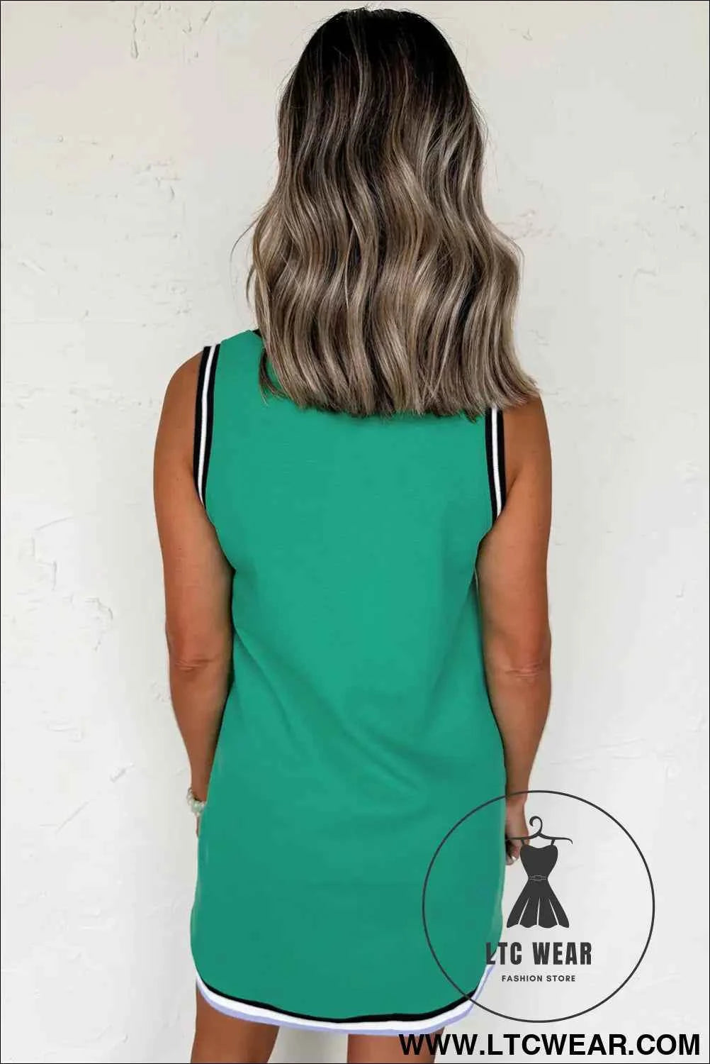 Mint Green Color Contrast Trim V Neck Shift Sleeveless Mini Dress