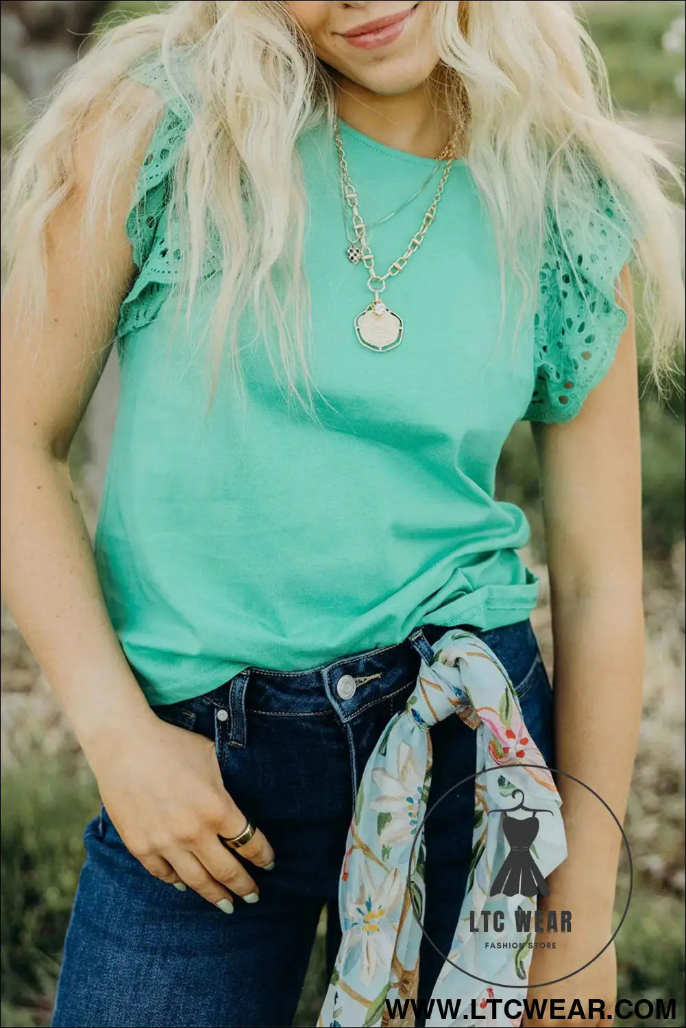 Mint Green Eyelet Lace Ruffled Cap Sleeve Top