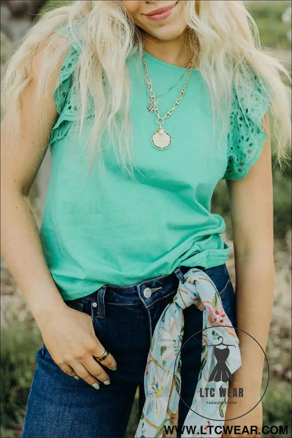 Mint Green Eyelet Lace Ruffled Cap Sleeve Top