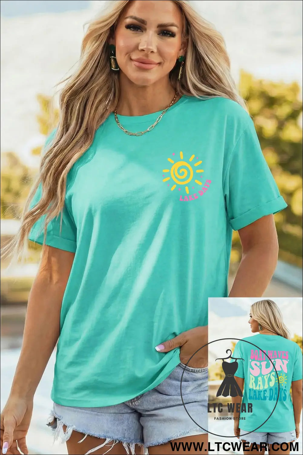 Mint green lake days double side printed vacation t shirt - mint green / 2xl / 62% polyester + 32% cotton + 6% elastane