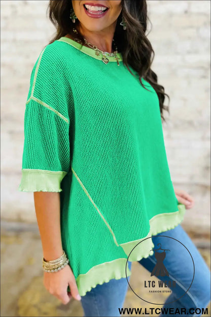 Mint Green Loose Uneven Hem Twist Ribbed T Shirt