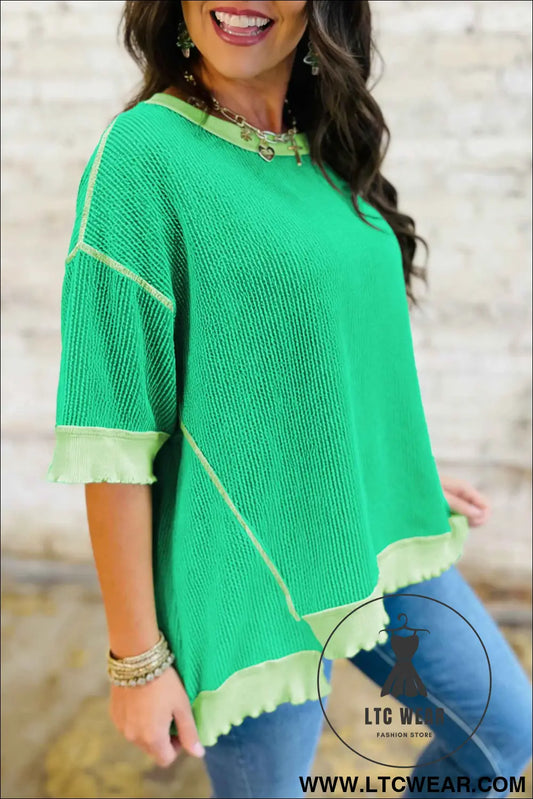 Mint Green Loose Uneven Hem Twist Ribbed T Shirt