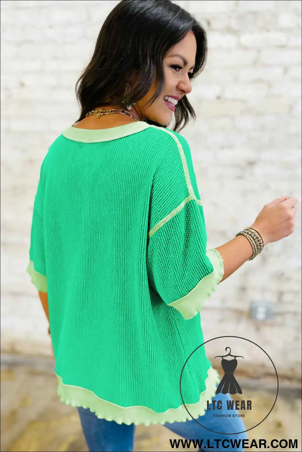 Mint Green Loose Uneven Hem Twist Ribbed T Shirt