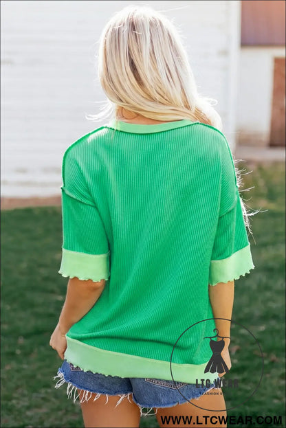 Mint Green Loose Uneven Hem Twist Ribbed T Shirt - L.T.C Wear Online Fashion Store