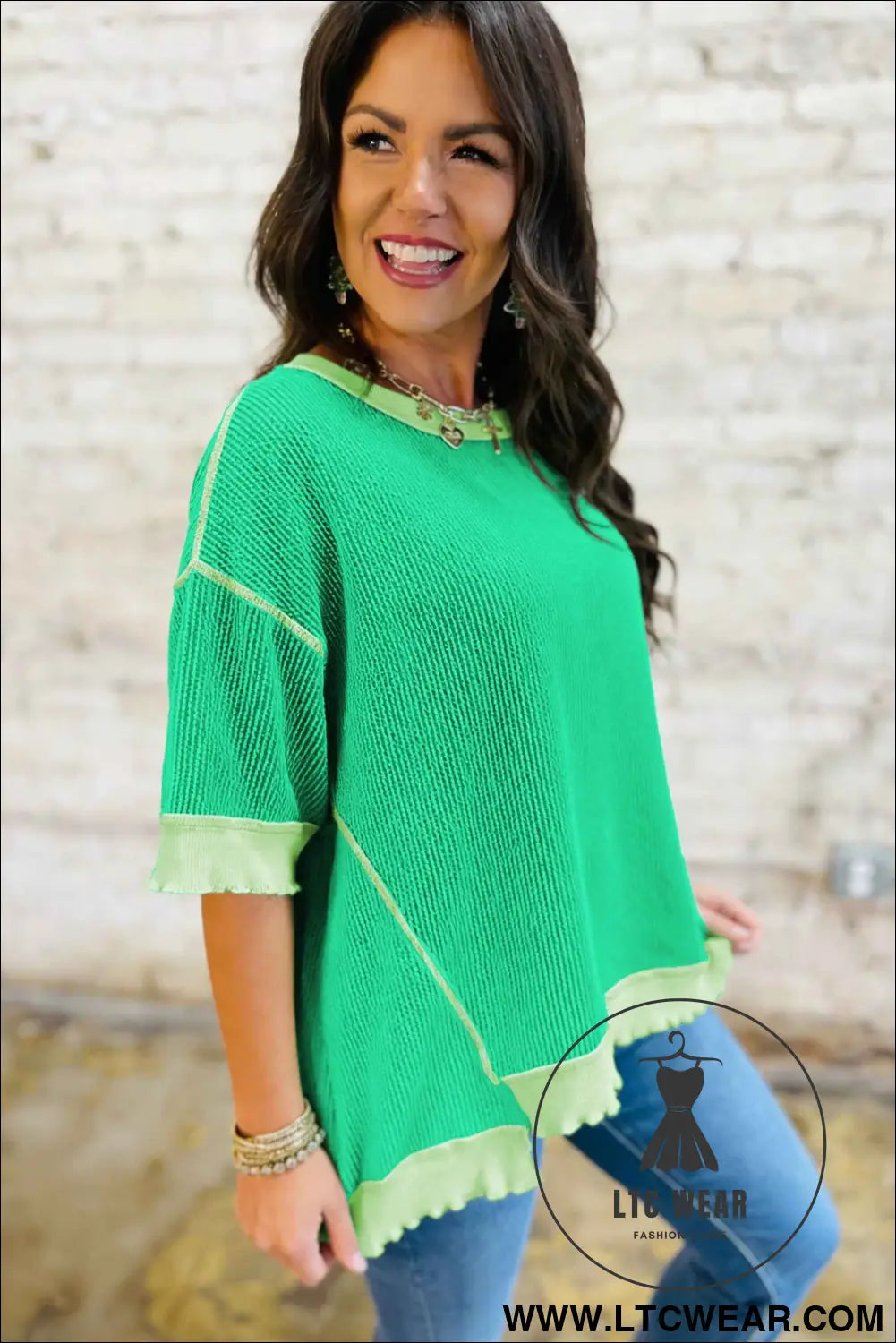 Mint Green Loose Uneven Hem Twist Ribbed T Shirt