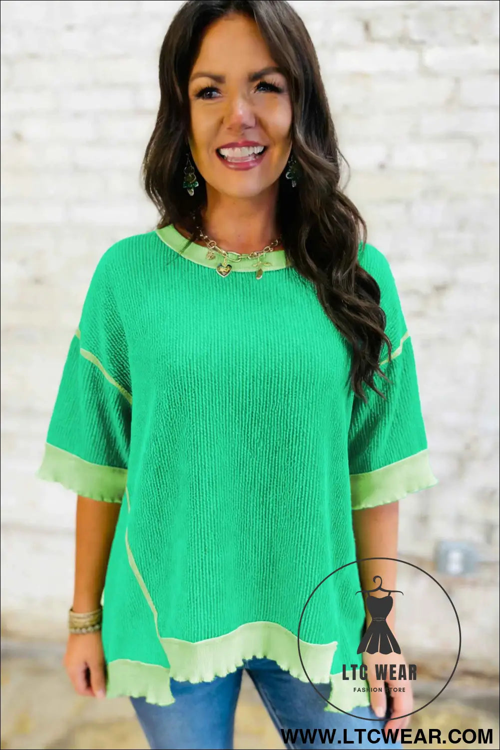 Mint Green Loose Uneven Hem Twist Ribbed T Shirt