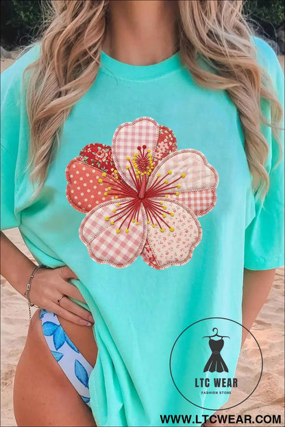 Mint Green Patchwork Floral Printed Beach Vacation Casual Tee