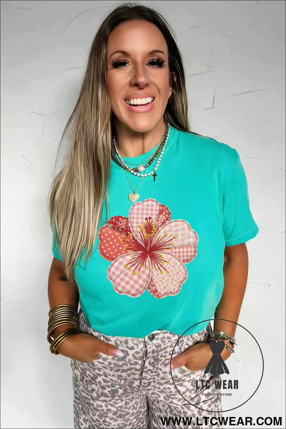 Mint Green Patchwork Floral Printed Beach Vacation Casual Tee - L.T.C Wear Online Fashion Store