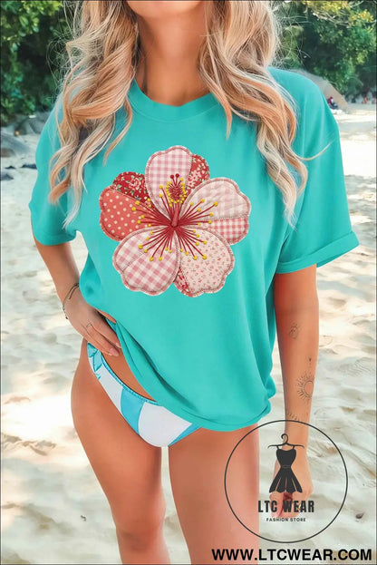 Mint Green Patchwork Floral Printed Beach Vacation Casual Tee
