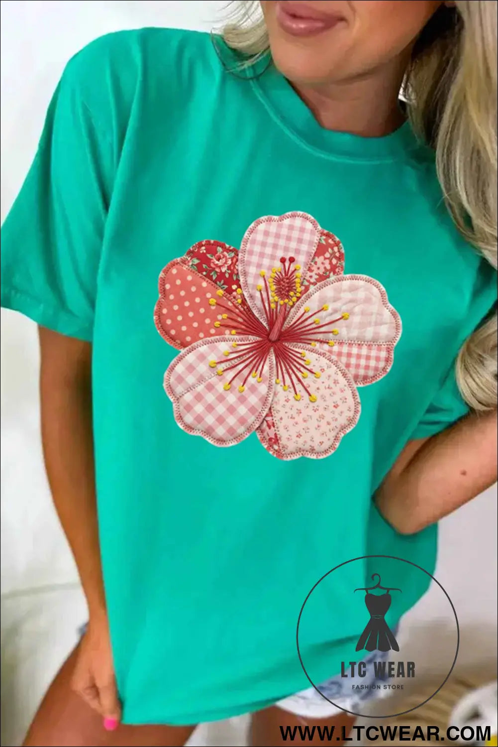 Mint Green Patchwork Floral Printed Beach Vacation Casual Tee