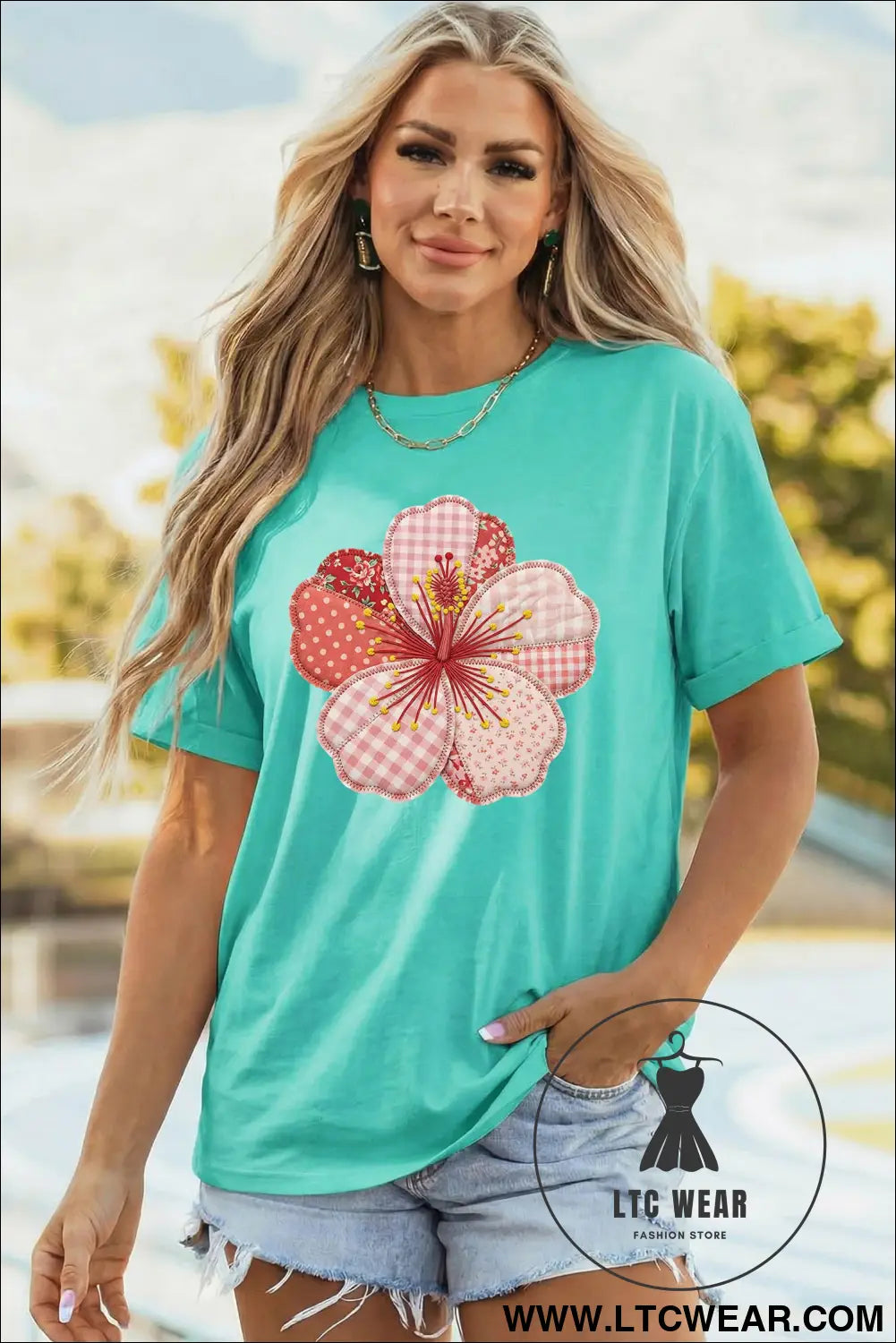 Mint Green Patchwork Floral Printed Beach Vacation Casual Tee - L.T.C Wear Online Fashion Store