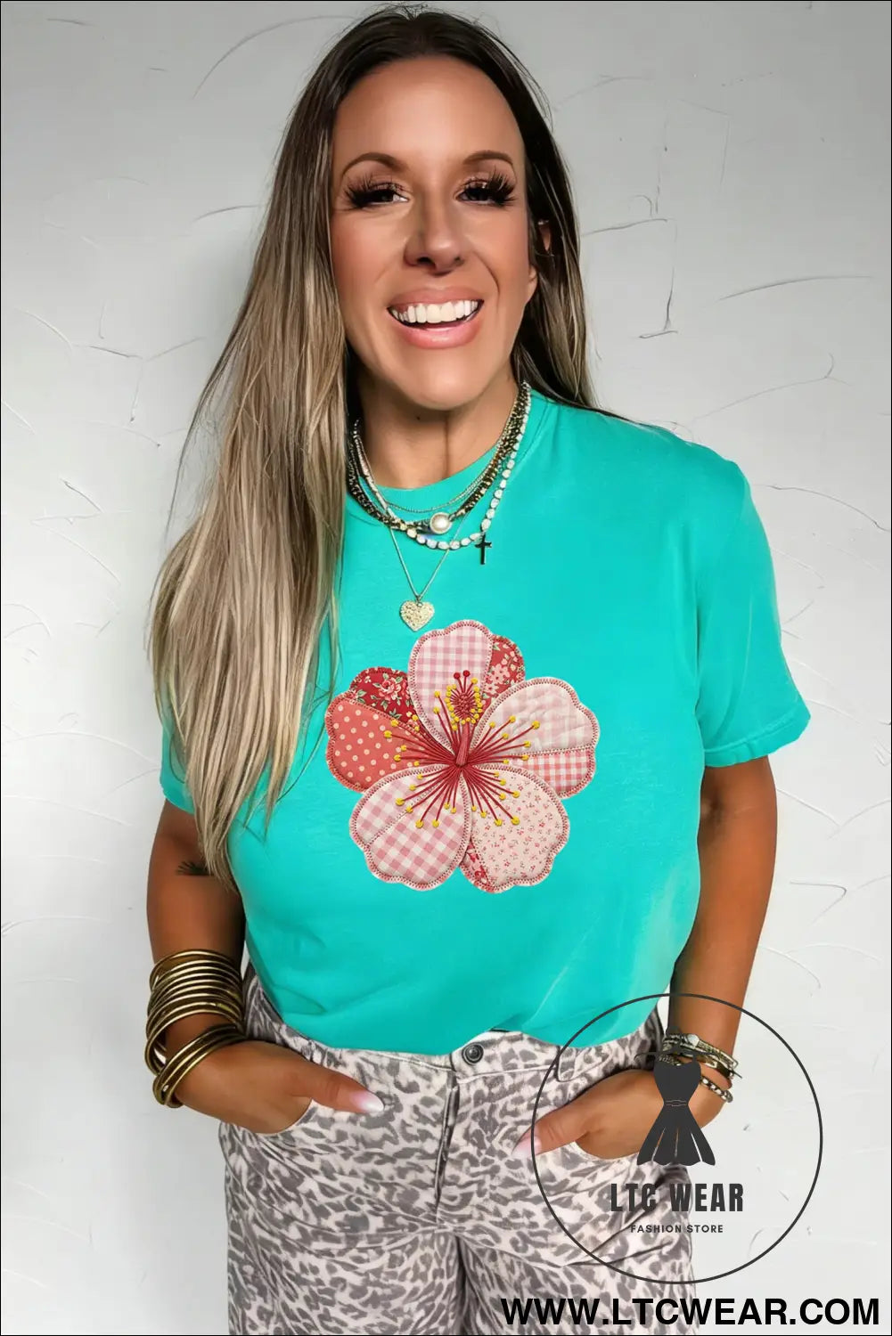 Mint Green Patchwork Floral Printed Beach Vacation Casual Tee - L.T.C Wear Online Fashion Store