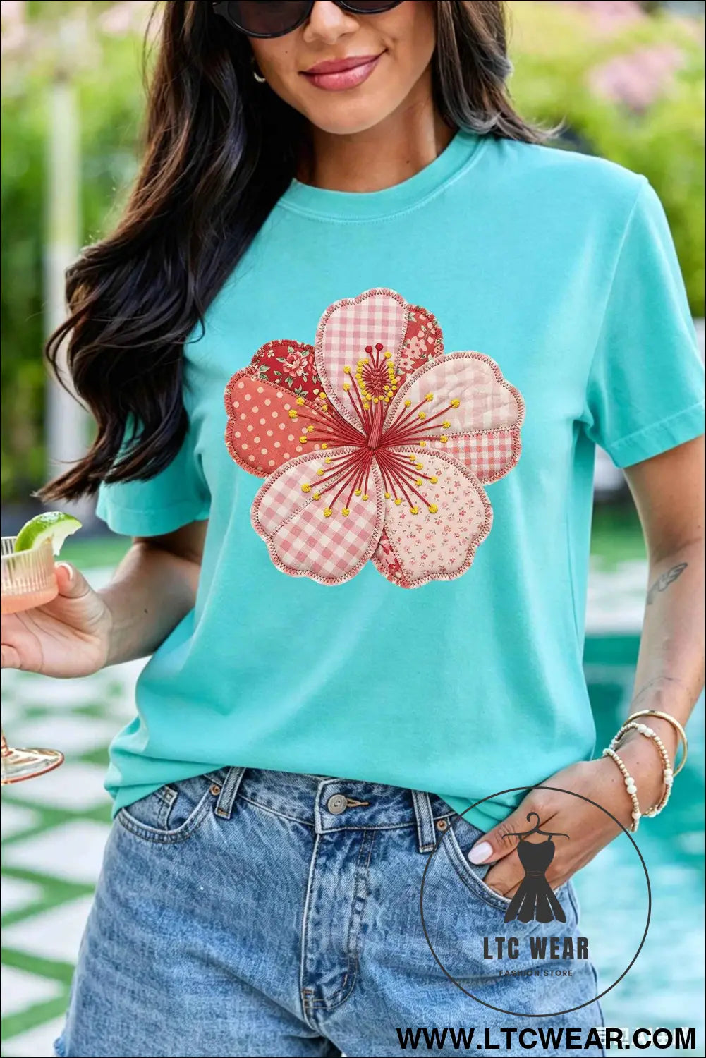 Mint Green Patchwork Floral Printed Beach Vacation Casual Tee