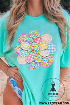 Mint green patchwork flower printed casual t shirt - mint green / 2xl / 62% polyester + 32% cotton + 6% elastane