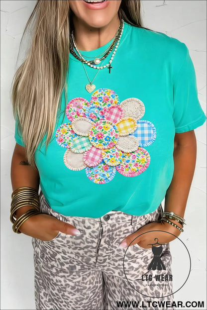 Mint green patchwork flower printed casual t shirt - graphic tees