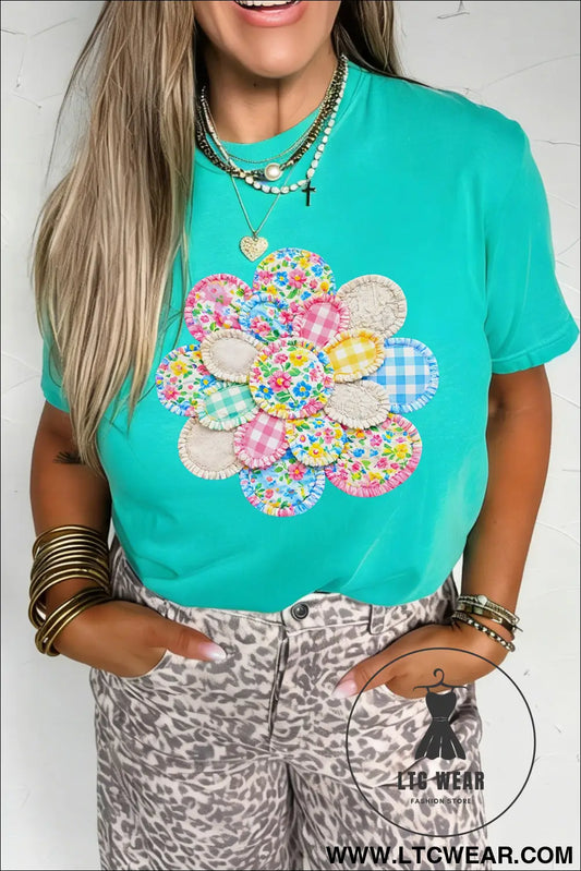 Mint green patchwork flower printed casual t shirt - graphic tees