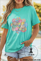 Mint green patchwork flower printed casual t shirt - graphic tees