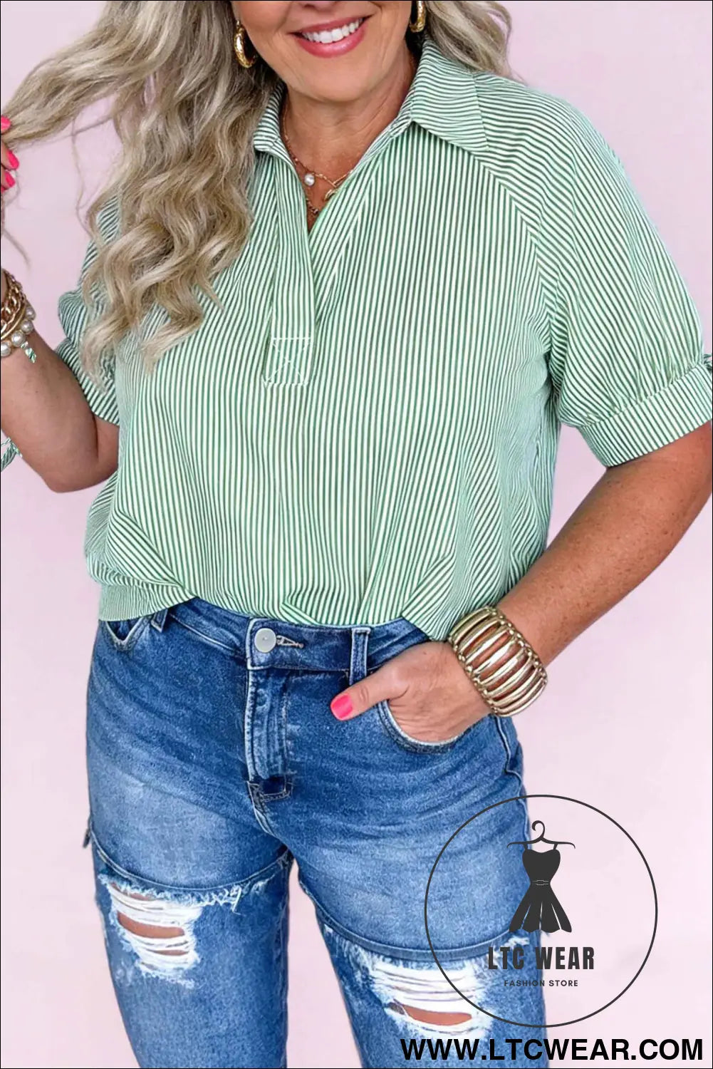Mint Green Plus Size Striped Print Collar V Neck Short Sleeve Blouse