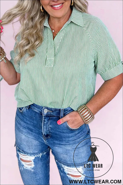 Mint Green Plus Size Striped Print Collar V Neck Short Sleeve Blouse