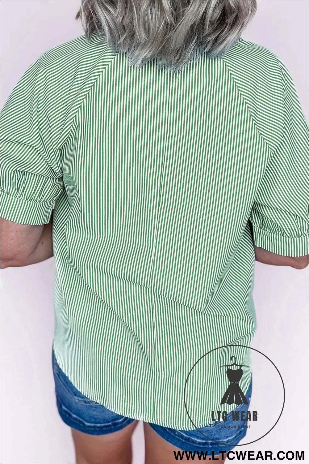 Mint Green Plus Size Striped Print Collar V Neck Short Sleeve Blouse