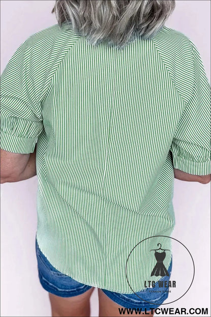Mint Green Plus Size Striped Print Collar V Neck Short Sleeve Blouse