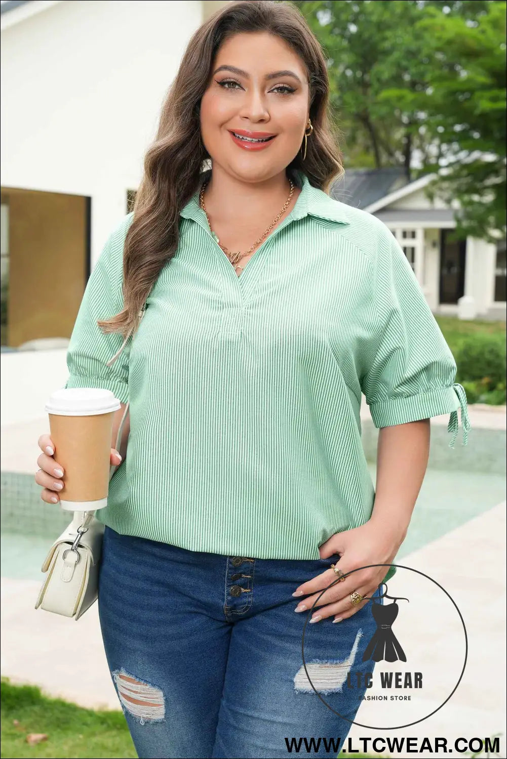 Mint Green Plus Size Striped Print Collar V Neck Short Sleeve Blouse