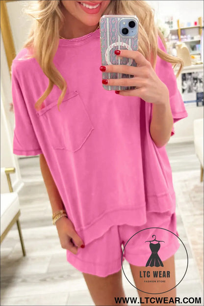 Mint green raw edge patch pocket oversized top and shorts set - strawberry pink / l / 62% polyester + 32% cotton + 6%